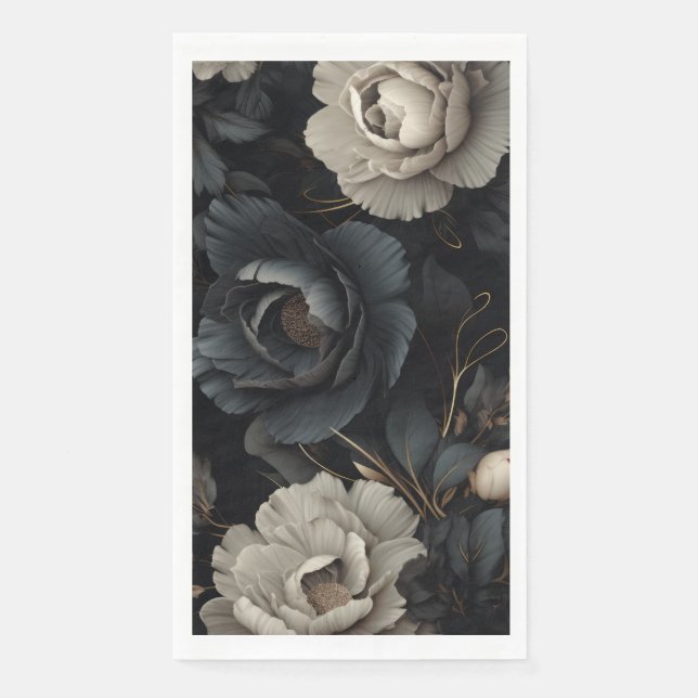 Serviette En Papier Fleurs noires et blanches (Devant)