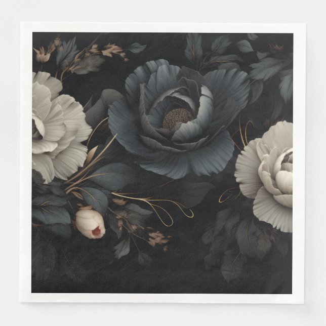 Serviette En Papier Fleurs noires et blanches (Devant)