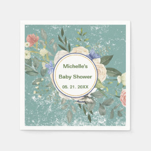 Serviette En Papier Fleurs personnalisées vert gris blanc