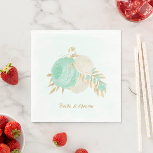 Serviette En Papier Fleurs romantiques vert menthe et blanc or