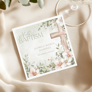 Serviette En Papier Fleurs rose blush croix en bois baptême de fille