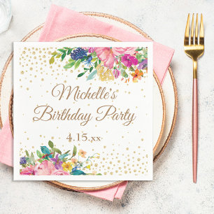 Serviette En Papier Fleurs rose jaune bleu pour anniversaire