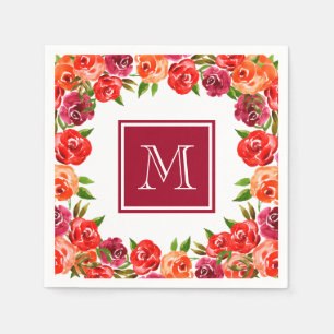 Serviette En Papier Fleurs rose rouge orange Monogramme
