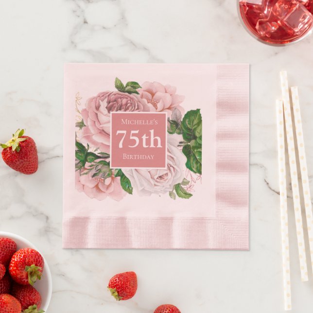 Serviette En Papier Fleurs rose vintage 75e anniversaire (En situation)