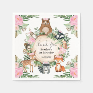 Serviette En Papier Fleurs roses Animaux Bois Bébé Fille Anniversaire