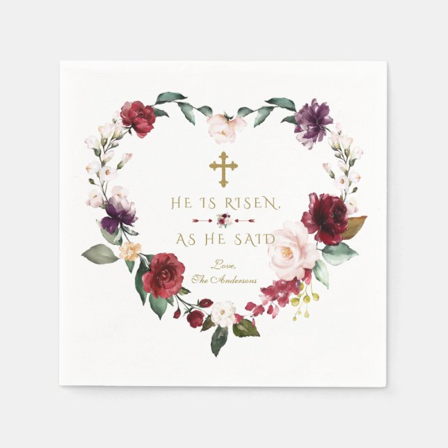 Serviette En Papier Fleurs Roses Bourgogne Il Est Ressuscité Or Pâques (Devant)