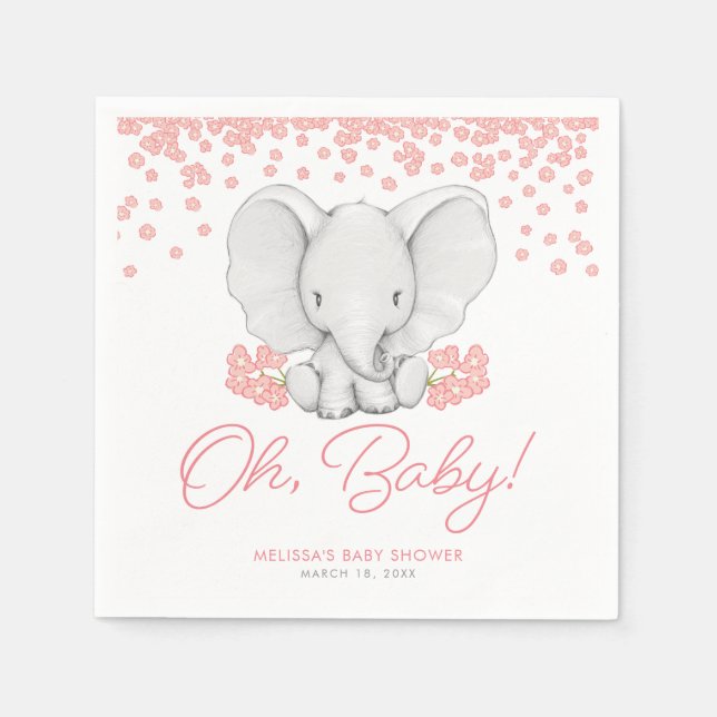 Serviette En Papier Fleurs roses Eléphant Baby shower fille (Devant)