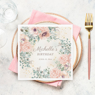 Serviette En Papier Fleurs roses, feuillage vert et paillettes dorées