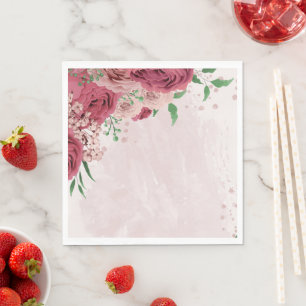 Serviette En Papier fleurs roses feuilles vertes mariage