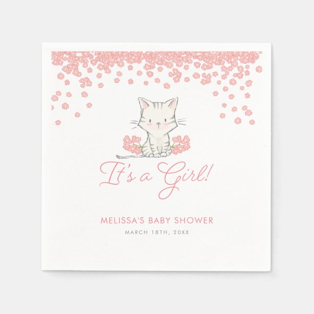 Serviette En Papier Fleurs roses Kitten Baby shower fille (Devant)