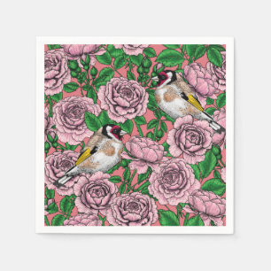 Serviette En Papier Fleurs roses roses et oiseaux dorés