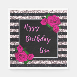 Serviette En Papier Fleurs roses roses pailletées noires pour annivers