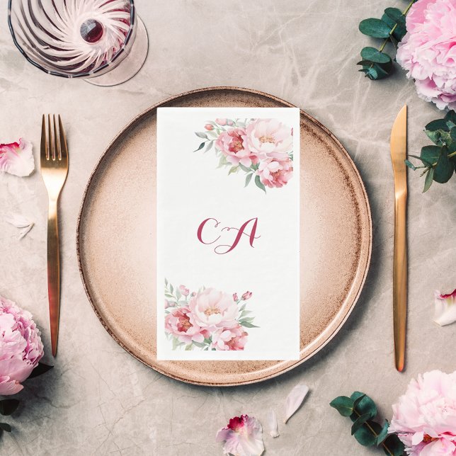 Serviette En Papier Fleurs roses roses rose monogramme anniversaire (Créateur téléchargé)