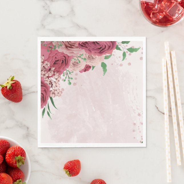 Serviette En Papier fleurs roses vert feuille mariage (En situation)