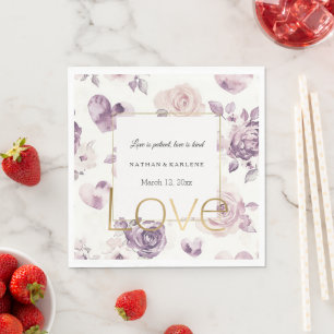 Serviette En Papier Fleurs roses violettes et mariage d'amour de coeur