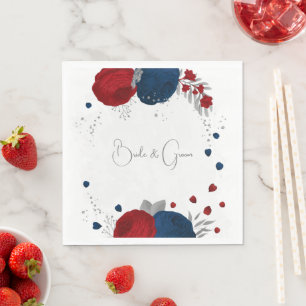 Serviette En Papier fleurs rouge foncé et bleu marine mariage argent