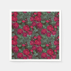 Serviette En Papier Fleurs rouges, aquarelle motifs floraux.