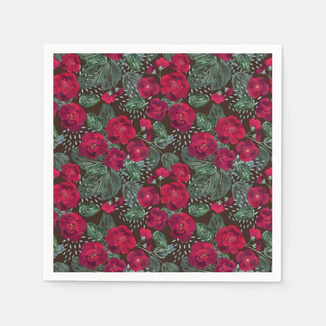 Serviette En Papier Fleurs rouges, aquarelle motifs floraux. (Devant)