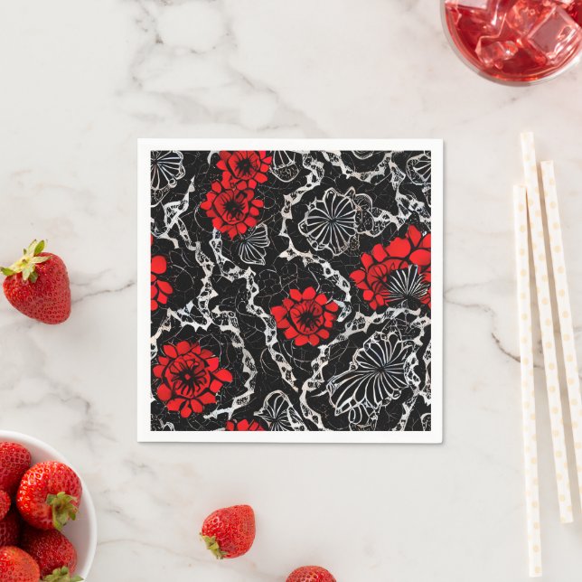 Serviette En Papier Fleurs rouges et dentelle noire Motif sans couture (En situation)