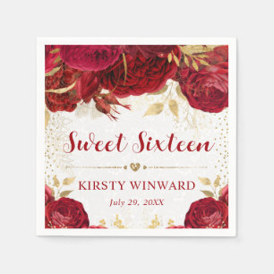 Serviette En Papier Fleurs rouges et or aquarelle Sweet 16