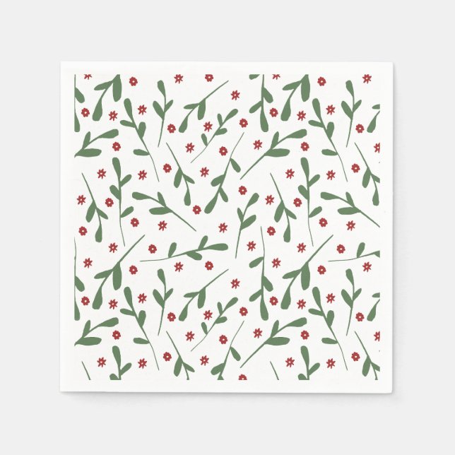 Serviette En Papier Fleurs rouges, motif feuille vert (Devant)