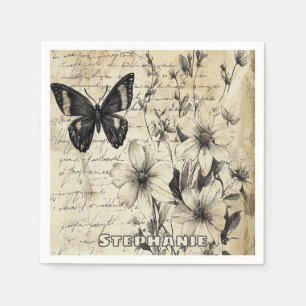 Serviette En Papier Fleurs rustiques et papillon - Papier vieilli