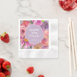 Serviette En Papier Fleurs sauvages aquarelles rose violet 30 ans