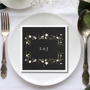 Serviette En Papier Fleurs Sauvages Élégantes Noir & Blanc Mariage Flo