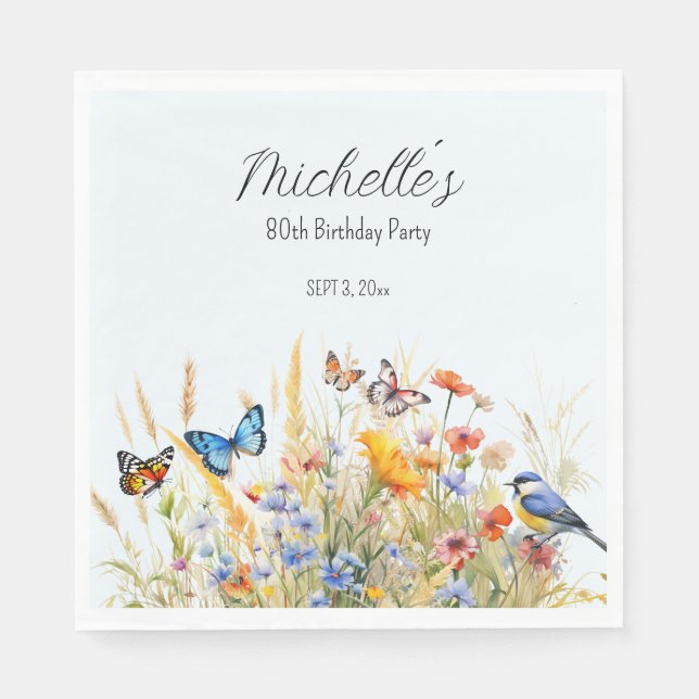 Serviette En Papier Fleurs sauvages Papillons Oiseaux Surprise 80 ans  (Devant)
