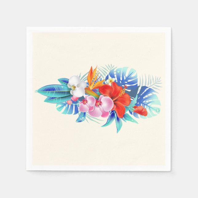 Serviette En Papier Fleurs tropicales exotiques en rose et en aqua (Devant)
