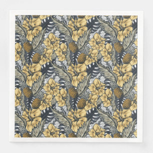 Serviette En Papier Fleurs tropicales noires et or élégantes de luxe