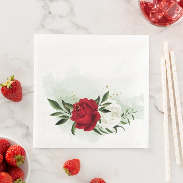 Serviette En Papier Fleurs vertes rouges et blanches (En situation)