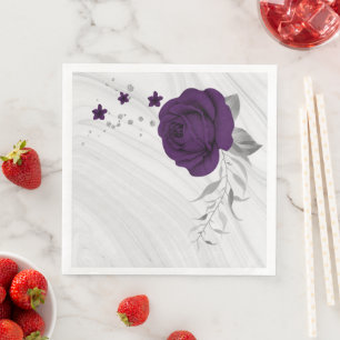 Serviette En Papier fleurs violet royal feuilles argent marbre