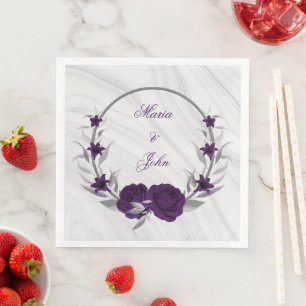 Serviette En Papier fleurs violettes argent botanique en marbre