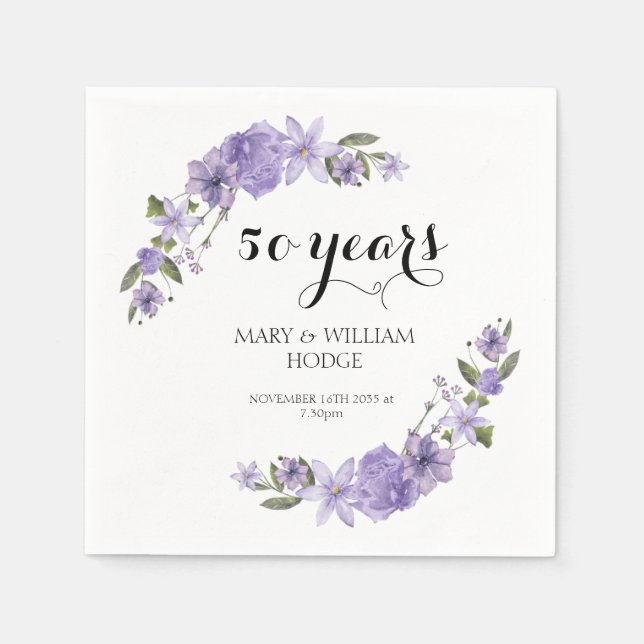 Serviette En Papier Fleurs violettes de lavande 50e anniversaire maria (Devant)