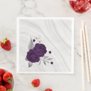 Serviette En Papier fleurs violettes royales marbre feuille argent