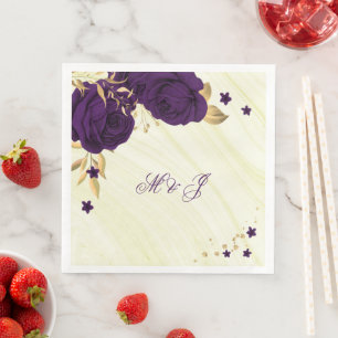Serviette En Papier fleurs violettes royales or marbre feuille