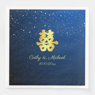 Serviette En Papier Flocon de neige de mariage chinois bleu marine et 