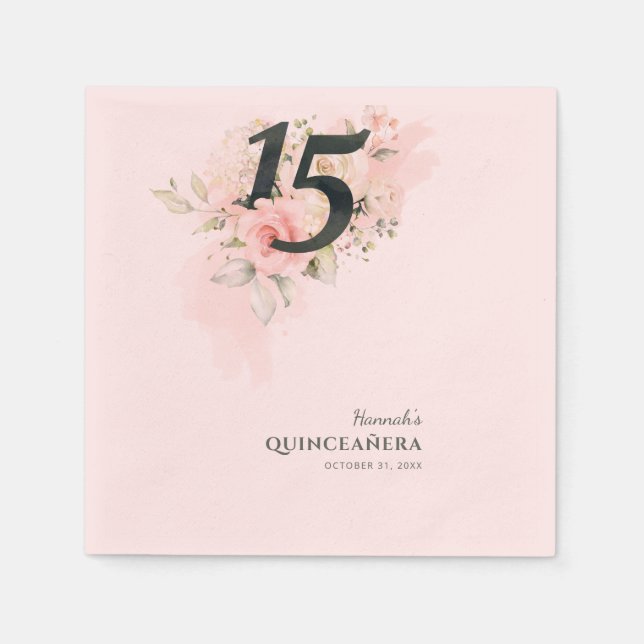 Serviette En Papier Floral 15e anniversaire Quinceanera Papier rose (Devant)