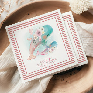 Serviette En Papier Floral Aquarelle Baleines Baby shower fille