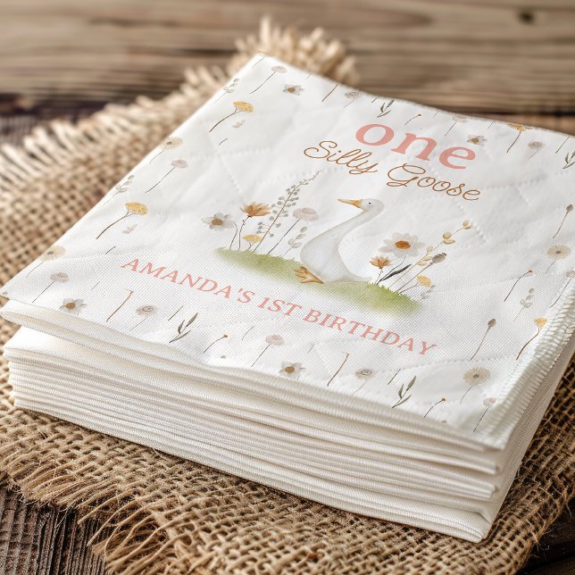 Serviette En Papier Floral Beige Rustique Une oie Silly 1er anniversai (One Silly Goose 1st Birthday Paper Napkin, Personalized One Silly Goose First Birthday Paper Napkins)