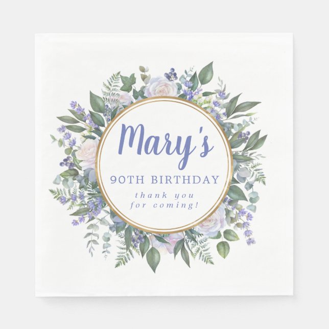 Serviette En Papier Floral bleu blanc 90e anniversaire Merci (Devant)