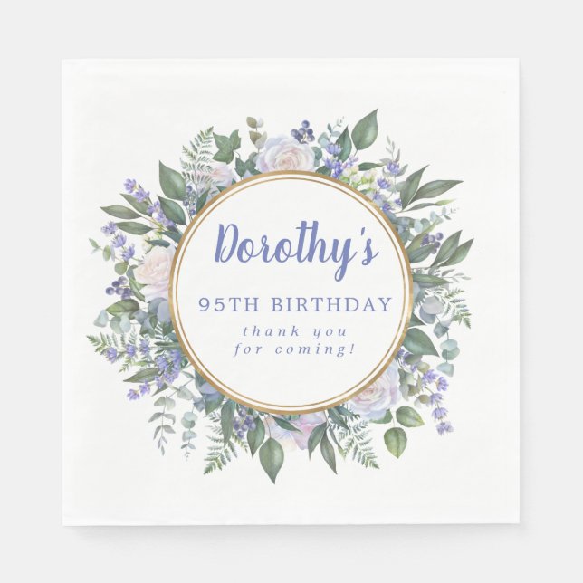 Serviette En Papier Floral bleu blanc 95e Merci d'anniversaire (Devant)
