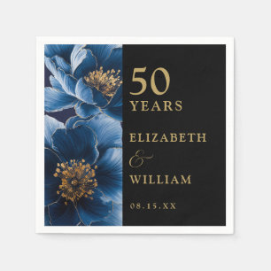 Serviette En Papier Floral Bleu Noir Et Or Moderne 50e Anniversaire