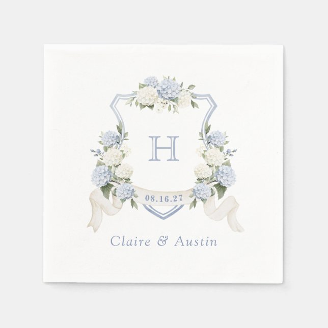 Serviette En Papier Floral Blue Hydrangea Crest Mariage Monogramme (Devant)