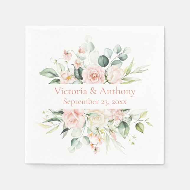 Serviette En Papier Floral Blush élégant nom Mariage serviettes (Devant)