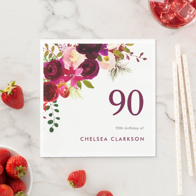 Serviette En Papier Floral Boho de Bourgogne 90e anniversaire (En situation)