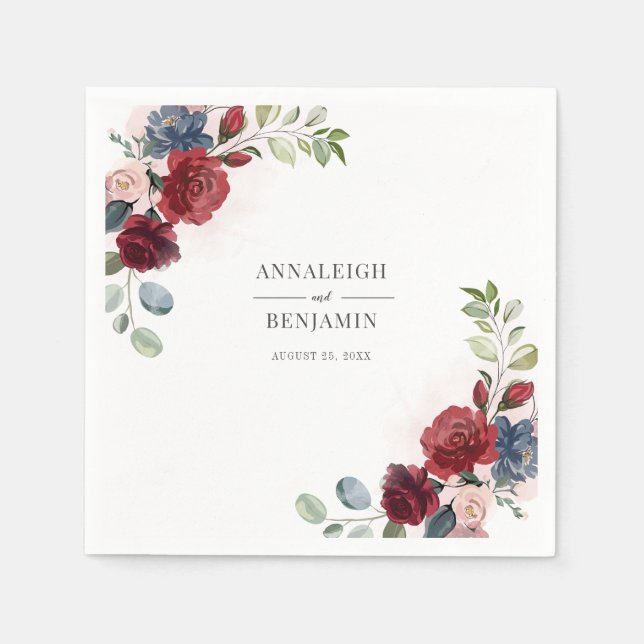 Serviette En Papier Floral Bourgogne Aquarelle Mariage de feuillage (Devant)