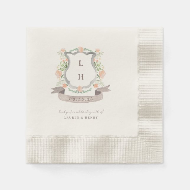 Serviette En Papier Floral Crest Aquarelle Monogramme Mariage (Devant)