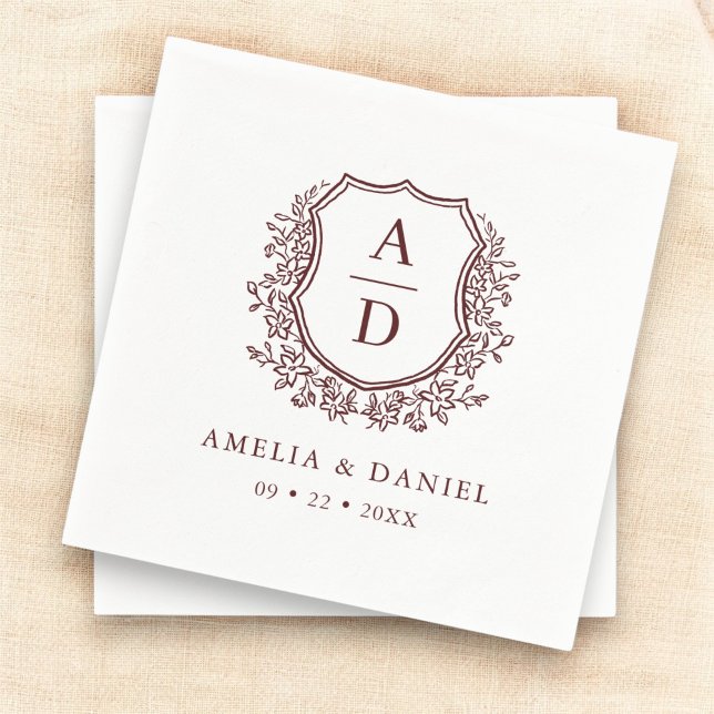 Serviette En Papier Floral Crest Bourgogne Mariage Monogramme (Créateur téléchargé)